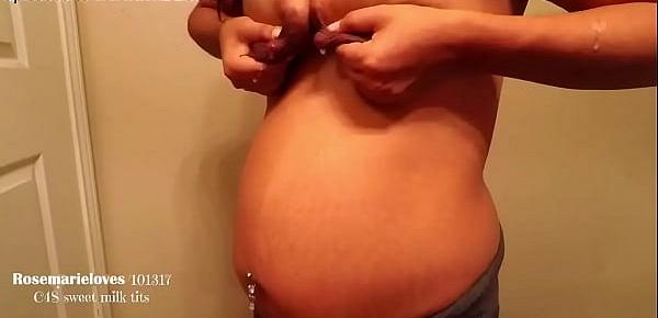  Pregnant Milf breasts milk pumping and hand expressing on pregnant belly. Up close views HD